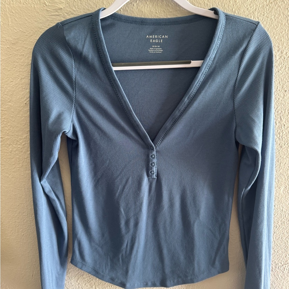 American Eagle Outfitters Dusty Blue Ribbed Long-Sleeve Henley